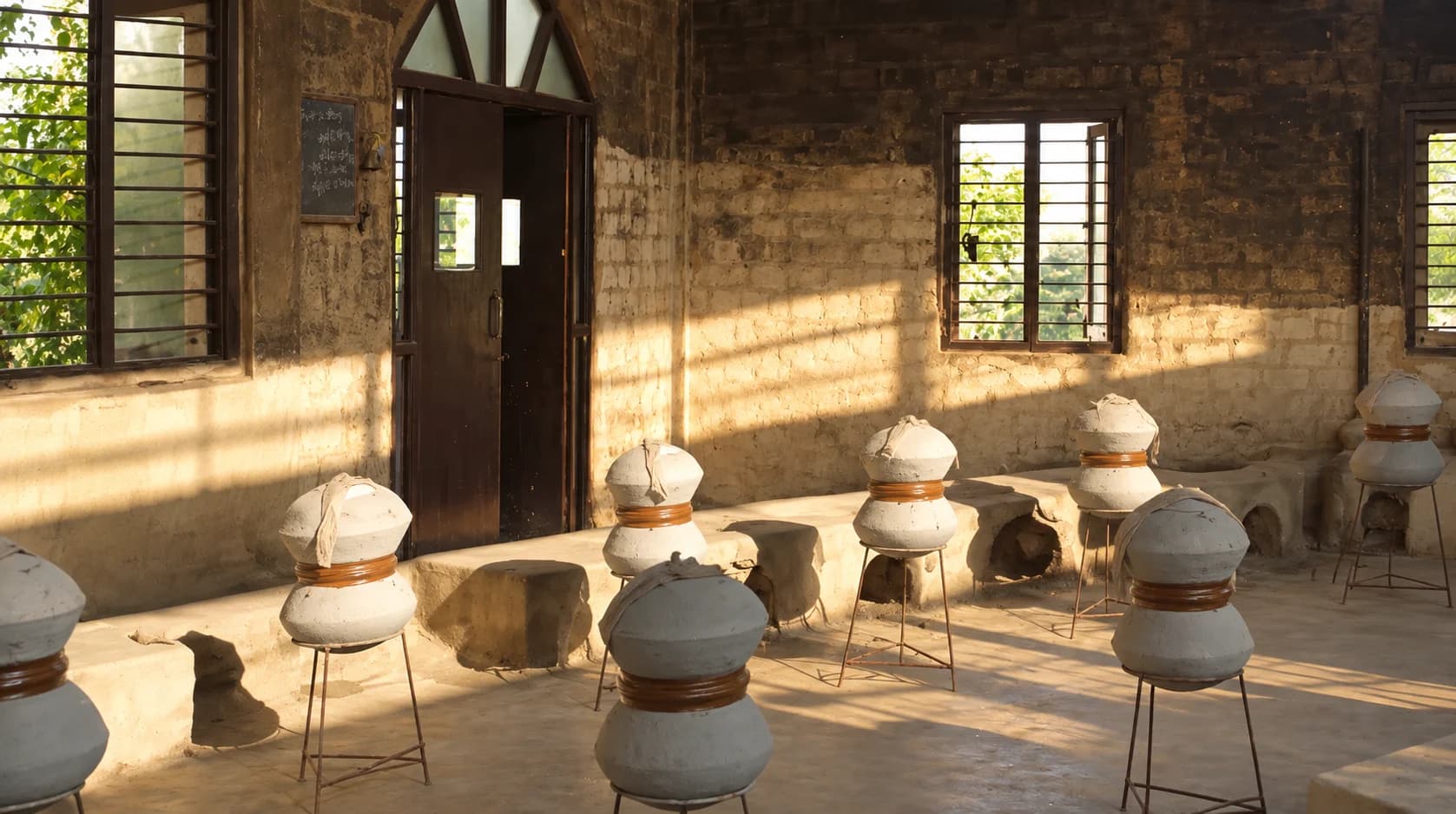 Sealed clay vessels on iron stands in a sunlit room at the BBS (P) LTD, Uttarakhand Facility